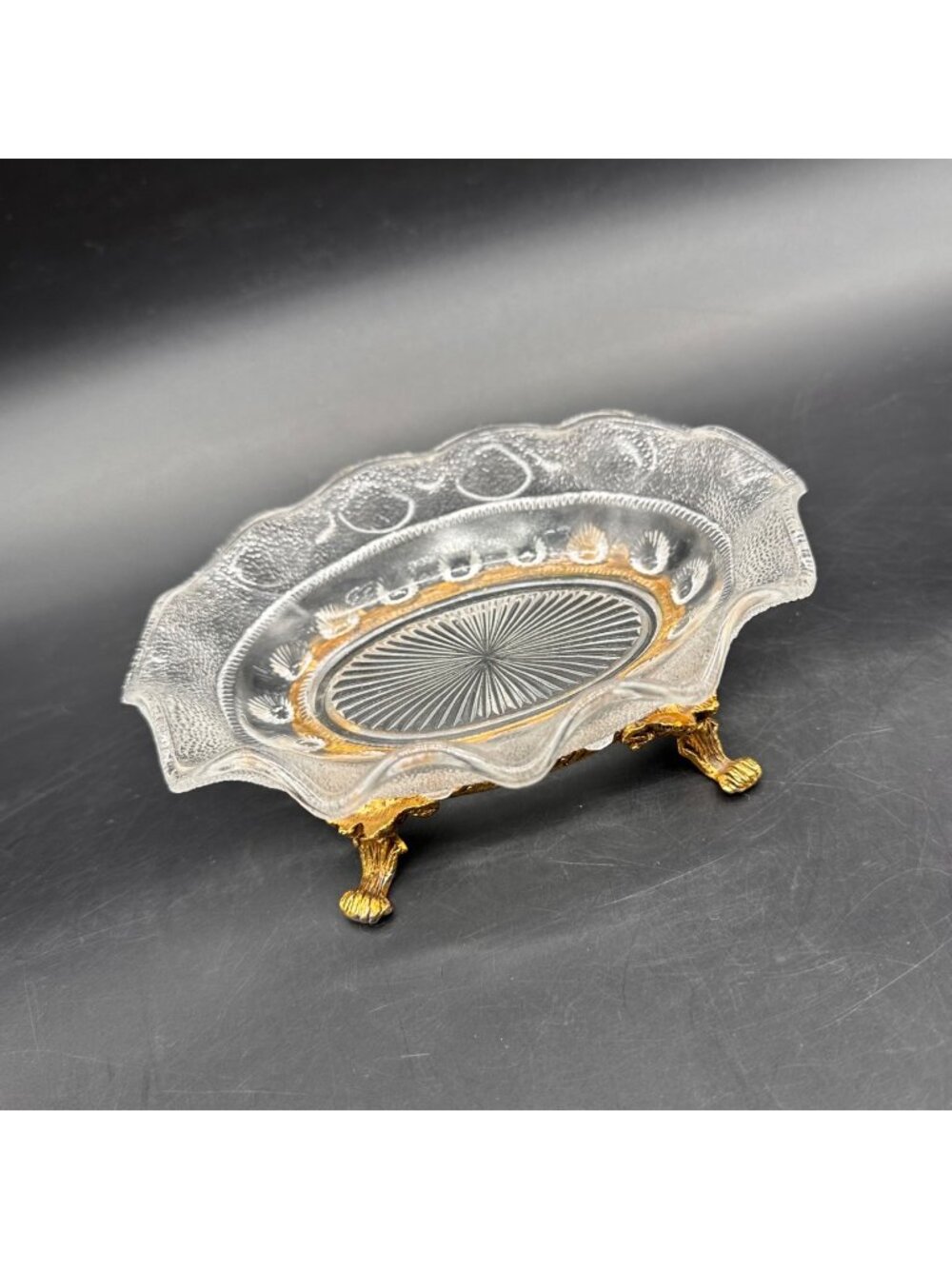 Vintage Vanity Soap Dish Trinket Holder  Hollywood Regency Gold Glass Stylebuilt